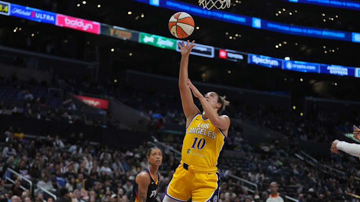 Sep 17, 2024; Los Angeles, California, USA; LA Sparks guard Kia Nurse (10) shoots the ball against the Phoenix Mercury in the second half at Crypto.com Arena. Mandatory Credit: Kirby Lee-Imagn Images