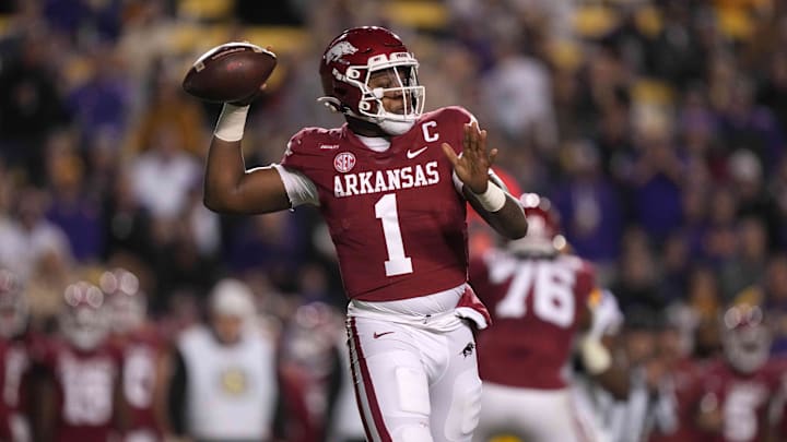 Nov 13, 2021; Baton Rouge, Louisiana, USA; Arkansas Razorbacks quarterback KJ Jefferson (1) throws