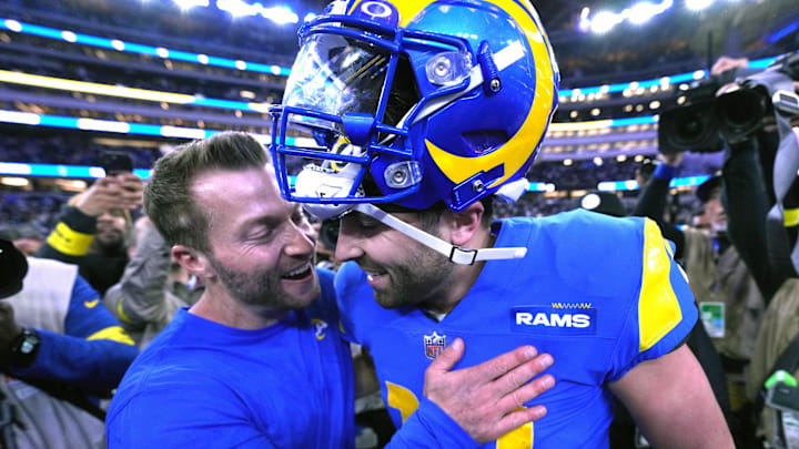 Los Angeles Rams coach Sean McVay (left) and quarterback Baker Mayfield celebrate their remarkable comeback victory against the Las Vegas Raiders.