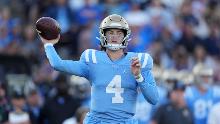 Oct 28, 2023; Pasadena, California, USA; UCLA Bruins quarterback Ethan Garbers (4) throws the ball