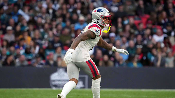 Oct 20, 2024; London, United Kingdom; New England Patriots cornerback Christian Gonzalez (0) in the second half of an NFL International Series game against the Jacksonville Jaguars at Wembley Stadium. Mandatory Credit: Kirby Lee-Imagn Images