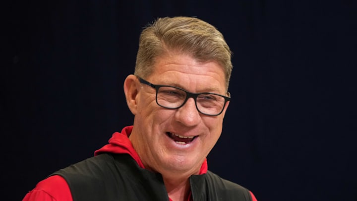 Feb 25, 2025; Indianapolis, IN, USA; Tampa Bay Buccaneers general manager Jason Licht speaks during the NFL Scouting Combine at the Indiana Convention Center. Mandatory Credit: Kirby Lee-Imagn Images