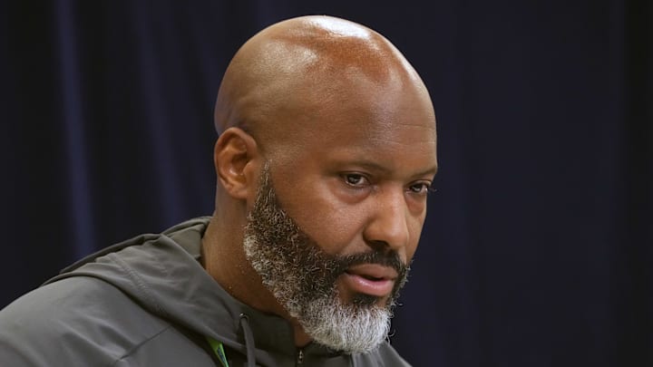 Feb 25, 2025; Indianapolis, IN, USA; Detroit Lions general manager Brad Holmes speaks during the NFL Scouting Combine at the Indiana Convention Center. Mandatory Credit: Kirby Lee-Imagn Images Feb 25, 2025; Indianapolis, IN, USA; Detroit Lions general manager Brad Holmes speaks during the NFL Scouting Combine at the Indiana Convention Center. Mandatory Credit: Kirby Lee-Imagn Images