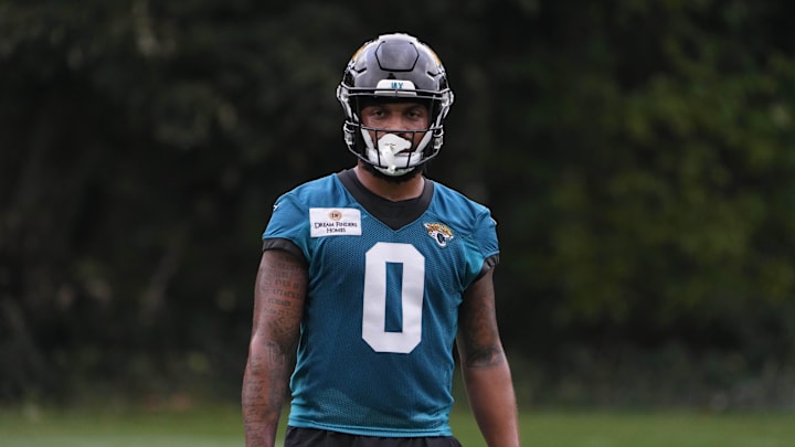 Oct 16, 2024; Watford, United Kingdom; Jacksonville Jaguars wide receiver Gabe Davis (0) during practice at The Grove. Mandatory Credit: Kirby Lee-Imagn Images