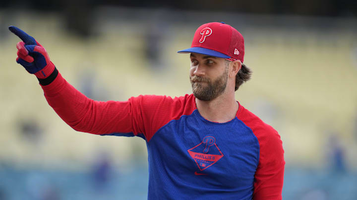May 1, 2023; Los Angeles, California, USA; Philadelphia Phillies right fielder Bryce Harper before
