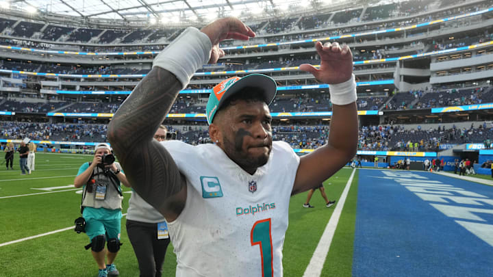Sep 10, 2023; Inglewood, California, USA; Miami Dolphins quarterback Tua Tagovailoa (1) celebrates