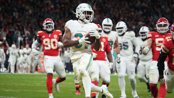 Nov 5, 2023; Frankfurt, Germany; Miami Dolphins running back Raheem Mostert (31)