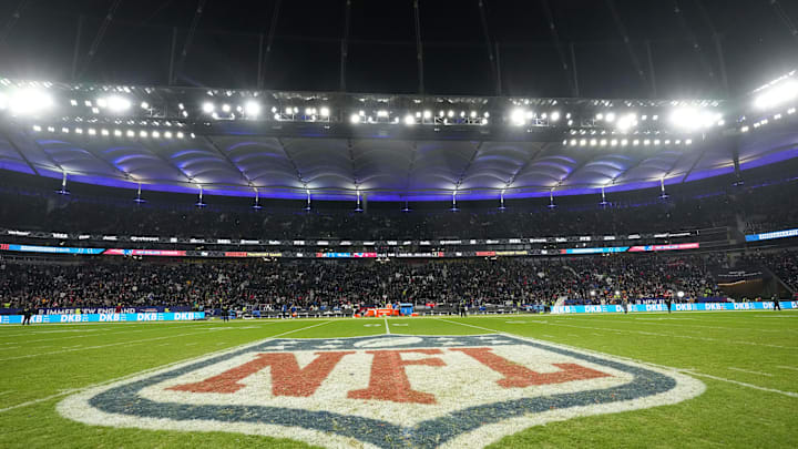 Nov 12, 2023; Frankfurt, Germany; The NFL shield logo at midfield during an NFL International Series