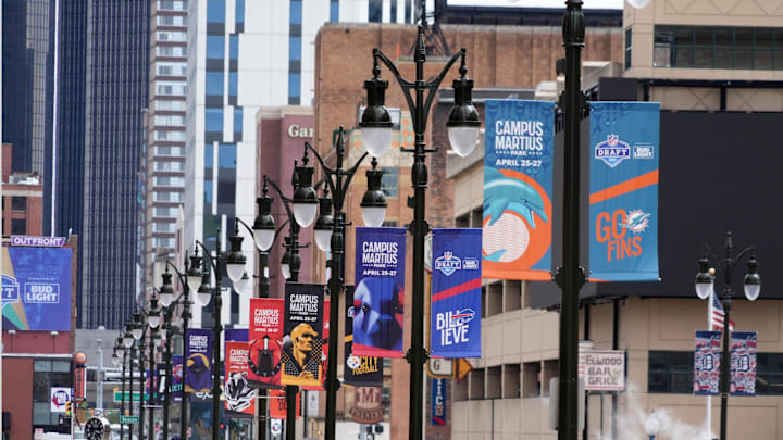 Apr 24, 2024; Detroit, MI, USA; Miami Dolphins and Buffalo Bills banners on Brush St. promoting the