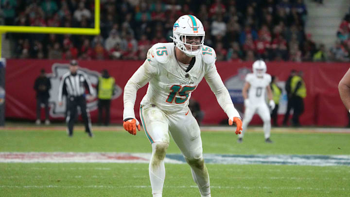 Nov 5, 2023; Frankfurt, Germany; Miami Dolphins linebacker Jaelan Phillips (15) against the Kansas