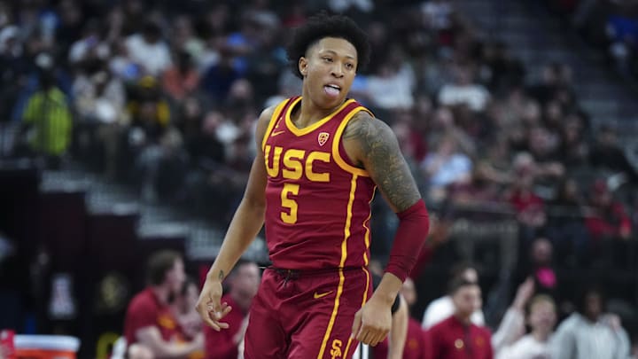 Mar 13, 2024; Las Vegas, NV, USA; Southern California Trojans guard Boogie Ellis (5) reacts after a three-point basket against the Washington Huskies at T-Mobile Arena. Mandatory Credit: Kirby Lee-USA TODAY Sports
