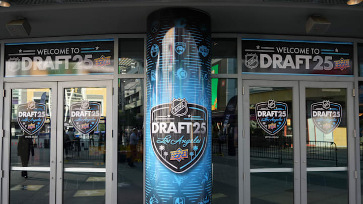 Jun 26, 2025; Los Angeles, California, USA; NHL Draft 25 Los Angeles signage at the Peacock Theater. Mandatory Credit: Kirby Lee-Imagn Images