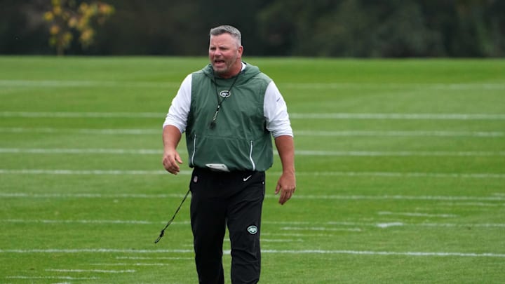 Oct 8, 2021; Ware, England, United Kingdom; New York Jets special teams coordinator Brant Boyer during a practice at the Manor Marriott Hotel and Country Club. Mandatory Credit: Kirby Lee-Imagn Images