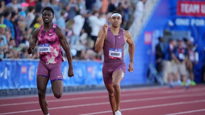 Jun 24, 2024; Eugene, OR, USA; Michael Norman (right) and Bryce Deadmon run in the 400m during the US Olympic Team Trials at Hayward Field. Mandatory Credit: Kirby Lee-USA TODAY Sports Jun 24, 2024; Eugene, OR, USA; Michael Norman (right) and Bryce Deadmon run in the 400m during the US Olympic Team Trials at Hayward Field. Mandatory Credit: Kirby Lee-USA TODAY Sports