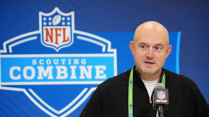 Feb 25, 2025; Indianapolis, IN, USA; Cincinnati Bengals general manager Duke Tobin speaks during the NFL Scouting Combine at the Indiana Convention Center. Mandatory Credit: Kirby Lee-Imagn Images