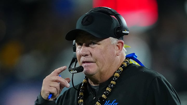 Nov 25, 2023; Pasadena, California, USA; UCLA Bruins head coach Chip Kelly watches from the sidelines in the fourth quarter against the California Golden Bears at Rose Bowl. Mandatory Credit: Kirby Lee-Imagn Images