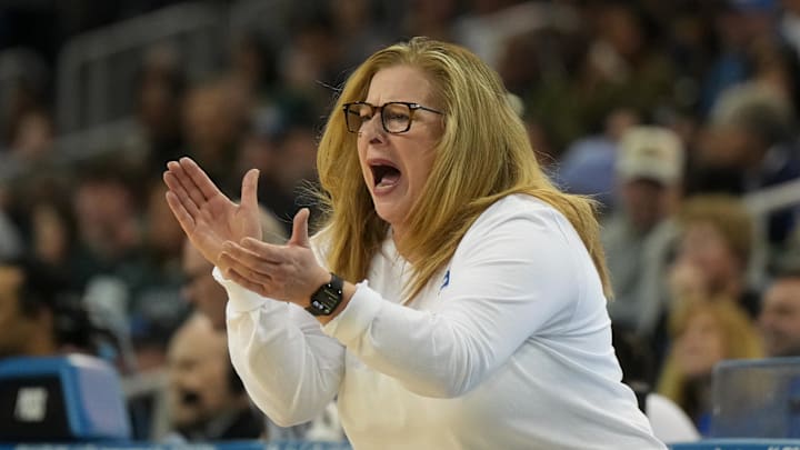 Feb 16, 2025; Los Angeles, California, USA; UCLA Bruins head coach Cori Close reacts against the Michigan State Spartans in the first half at Pauley Pavilion presented by Wescom. Mandatory Credit: Kirby Lee-Imagn Images