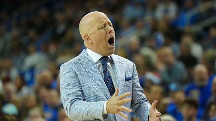 Mar 8, 2025; Los Angeles, California, USA; UCLA Bruins head coach Mick Cronin reacts against the Southern California Trojans in the first half at Pauley Pavilion presented by Wescom. Mandatory Credit: Kirby Lee-Imagn Images Mar 8, 2025; Los Angeles, California, USA; UCLA Bruins head coach Mick Cronin reacts against the Southern California Trojans in the first half at Pauley Pavilion presented by Wescom. Mandatory Credit: Kirby Lee-Imagn Images