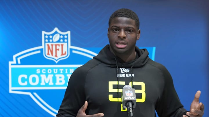 Feb 27, 2025; Indianapolis, IN, USA; UCLA defensive lineman Oluwafemi Oladejo (DL58) during the 2025 NFL Scouting Combine at the Indiana Convention Center. Mandatory Credit: Kirby Lee-Imagn Images Feb 27, 2025; Indianapolis, IN, USA; UCLA defensive lineman Oluwafemi Oladejo (DL58) during the 2025 NFL Scouting Combine at the Indiana Convention Center. Mandatory Credit: Kirby Lee-Imagn Images