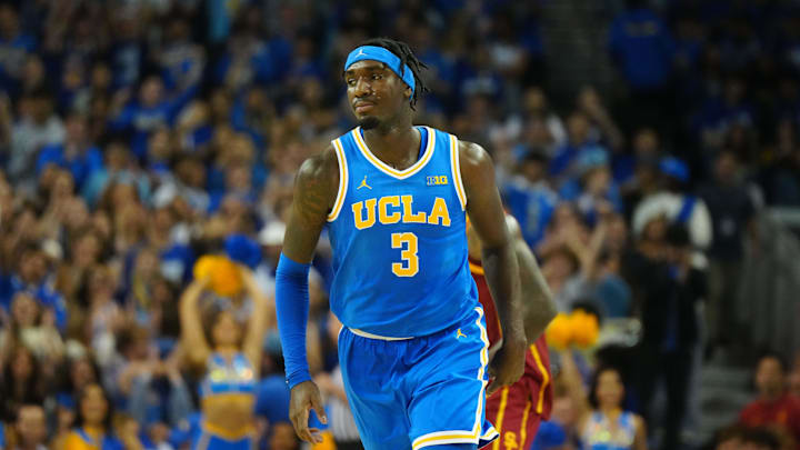 Mar 8, 2025; Los Angeles, California, USA; UCLA Bruins guard Eric Dailey Jr. (3) reacts after a three-point basket against the Southern California Trojans in the first half at Pauley Pavilion presented by Wescom. Mandatory Credit: Kirby Lee-Imagn Images Mar 8, 2025; Los Angeles, California, USA; UCLA Bruins guard Eric Dailey Jr. (3) reacts after a three-point basket against the Southern California Trojans in the first half at Pauley Pavilion presented by Wescom. Mandatory Credit: Kirby Lee-Imagn Images
