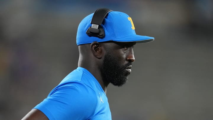 Sep 14, 2024; Pasadena, California, USA; UCLA Bruins head coach DeShaun Foster watches from the sidelines in the second half against the Indiana Hoosiers at Rose Bowl. Mandatory Credit: Kirby Lee-Imagn Images