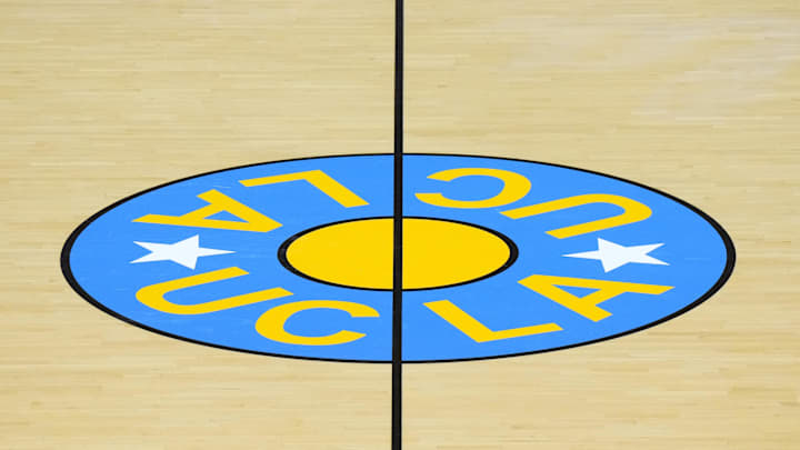 Dec 19, 2023; Los Angeles, California, USA; The UCLA Bruins logo at center court at Pauley Pavilion presented by Wescom. Mandatory Credit: Kirby Lee-Imagn Images