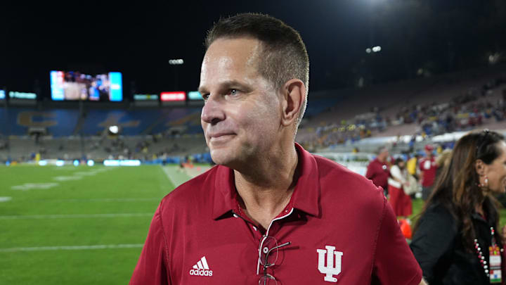 Sep 14, 2024; Pasadena, California, USA; Indiana Hoosiers head coach Curt Cignetti reacts after the game against the UCLA Bruins at Rose Bowl. Mandatory Credit: Kirby Lee-Imagn Images