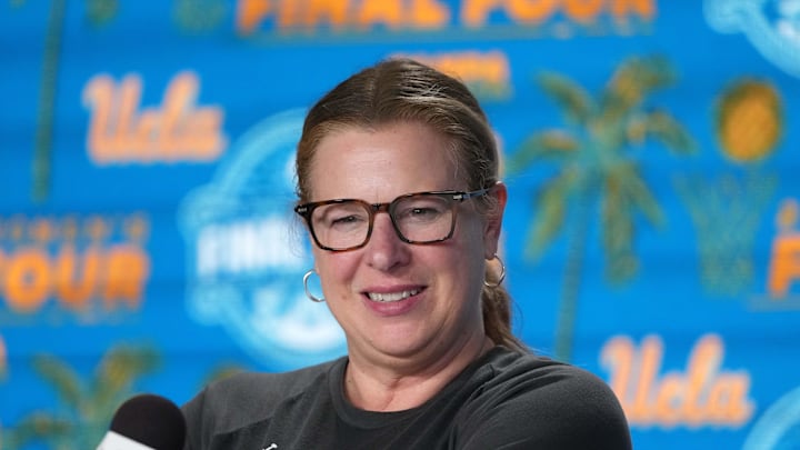 Apr 3, 2025; Tampa, FL, USA; UCLA Bruins head coach Cori Close during press conference at Amalie Arena. Mandatory Credit: Kirby Lee-Imagn Images Apr 3, 2025; Tampa, FL, USA; UCLA Bruins head coach Cori Close during press conference at Amalie Arena. Mandatory Credit: Kirby Lee-Imagn Images