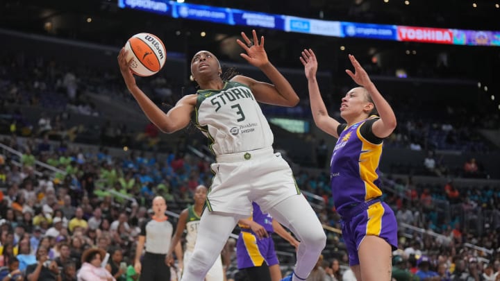 Jul 16, 2024; Los Angeles, California, USA; Seattle Storm forward Nneka Ogwumike (3) shoots the ball against LA Sparks forward Dearica Hamby (5) in the first half at Crypto.com Arena. Mandatory Credit: Kirby Lee-USA TODAY Sports Jul 16, 2024; Los Angeles, California, USA; Seattle Storm forward Nneka Ogwumike (3) shoots the ball against LA Sparks forward Dearica Hamby (5) in the first half at Crypto.com Arena. Mandatory Credit: Kirby Lee-USA TODAY Sports