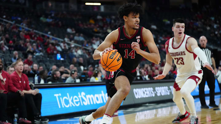 Mar 14, 2024; Las Vegas, NV, USA; Stanford Cardinal forward Spencer Jones (14) dribbles against the Washington State Cougars at T-Mobile Arena. Mandatory Credit: Kirby Lee-Imagn Images
