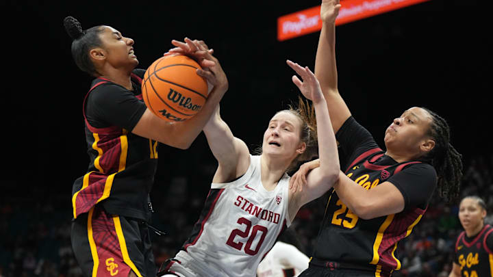 Mar 10, 2024; Las Vegas, NV, USA; Stanford Cardinal guard Elena Bosgana (20) battles for the ball with Southern California Trojans guard JuJu Watkins (12) and guard McKenzie Forbes (25)] in the first half of the Pac-12 Tournament women's championship game at MGM Grand Garden Arena. Mandatory Credit: Kirby Lee-Imagn Images