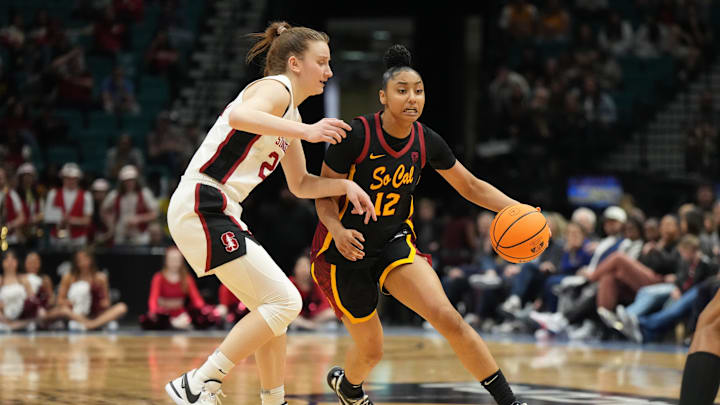 Mar 10, 2024; Las Vegas, NV, USA; Southern California Trojans guard JuJu Watkins (12) dribbles the ball against Stanford Cardinal guard Elena Bosgana (20) in the second half of the Pac-12 Tournament women's championship game at MGM Grand Garden Arena. Mandatory Credit: Kirby Lee-Imagn Images Mar 10, 2024; Las Vegas, NV, USA; Southern California Trojans guard JuJu Watkins (12) dribbles the ball against Stanford Cardinal guard Elena Bosgana (20) in the second half of the Pac-12 Tournament women's championship game at MGM Grand Garden Arena. Mandatory Credit: Kirby Lee-Imagn Images
