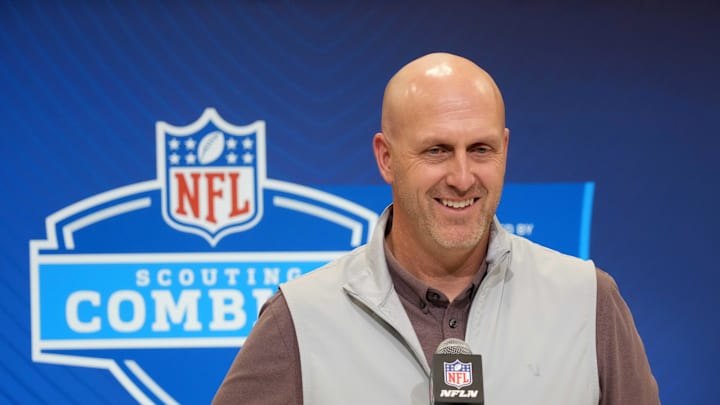 Feb 25, 2025; Indianapolis, IN, USA; Arizona Cardinals general manager Monti Ossenfort speaks during the NFL Scouting Combine at the Indiana Convention Center. Mandatory Credit: Kirby Lee-Imagn Images