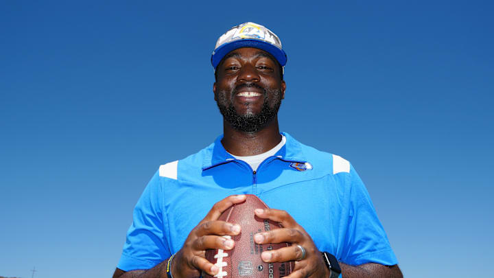 Aug 29, 2022; Thousand Oaks, CA, USA: Los Angeles Rams offensive assistant coach and Bill Walsh diversity coaching fellow K.J. Black aka KJ Black poses during training camp at Cal Lutheran University. Mandatory Credit: Kirby Lee-Imagn Images