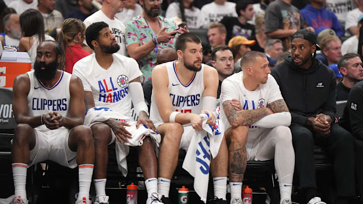 May 1, 2024; Los Angeles, California, USA; LA Clippers guard James Harden (1), forward Paul George (13), center Ivica Zubac (40), center Daniel Theis (10) and forward Kawhi Leonard (2) react in the second half during game five of the first round for the 2024 NBA playoffs at Crypto.com Arena. Mandatory Credit: Kirby Lee-USA TODAY Sports