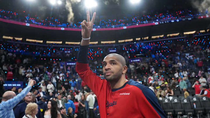 Apr 9, 2025; Inglewood, California, USA; LA Clippers forward Nicolas Batum (33) reacts after the game against the Houston Rockets at the Intuit Dome. Mandatory Credit: Kirby Lee-Imagn Images