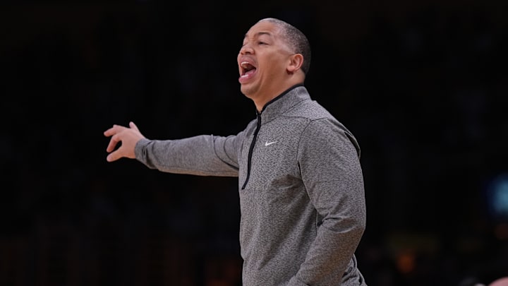 Oct 20, 2022; Los Angeles, California, USA; LA Clippers coach Tyronn Lue reacts against the Los Angeles Lakers in the first half at Crypto.com Arena. Mandatory Credit: Kirby Lee-Imagn Images Oct 20, 2022; Los Angeles, California, USA; LA Clippers coach Tyronn Lue reacts against the Los Angeles Lakers in the first half at Crypto.com Arena. Mandatory Credit: Kirby Lee-Imagn Images