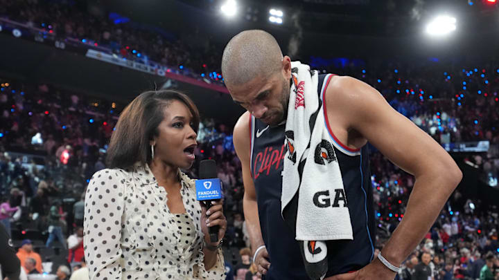 May 1, 2025; Inglewood, California, USA; FanDuel Sports Network reporter Kristina Pink interviews LA Clippers forward Nicolas Batum (33) after game six of first round for the 2025 NBA Playoffs against the Denver Nuggets at Intuit Dome. Mandatory Credit: Kirby Lee-Imagn Images May 1, 2025; Inglewood, California, USA; FanDuel Sports Network reporter Kristina Pink interviews LA Clippers forward Nicolas Batum (33) after game six of first round for the 2025 NBA Playoffs against the Denver Nuggets at Intuit Dome. Mandatory Credit: Kirby Lee-Imagn Images