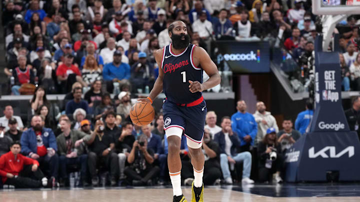 May 1, 2025; Inglewood, California, USA; LA Clippers guard James Harden (1) dribbles the ball in the second half against the Denver Nuggets during game six of first round for the 2025 NBA Playoffs at Intuit Dome. Mandatory Credit: Kirby Lee-Imagn Images