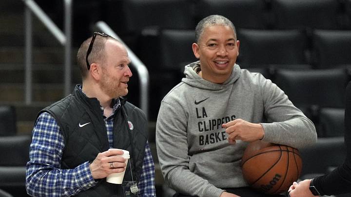LA Clippers president of basketball operations Lawrence Frank talks with coach Tyronn Lue. 
