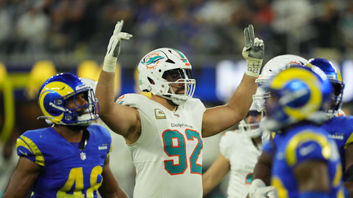 Miami Dolphins defensive tackle Zach Sieler (92) celebrates in the second half against the Los Angeles Rams at SoFi Stadium in the 2024 season. Miami Dolphins defensive tackle Zach Sieler (92) celebrates in the second half against the Los Angeles Rams at SoFi Stadium in the 2024 season.