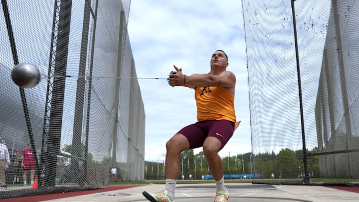 May 16, 2025; Eugene, OR, USA; Kostas Zaltos of
Minnesota wins the hammer throw in a meet record 254-10 (77.67m) during the Big Ten Championships at Hayward Field. Mandatory Credit: Kirby Lee-Imagn Images May 16, 2025; Eugene, OR, USA; Kostas Zaltos of
Minnesota wins the hammer throw in a meet record 254-10 (77.67m) during the Big Ten Championships at Hayward Field. Mandatory Credit: Kirby Lee-Imagn Images
