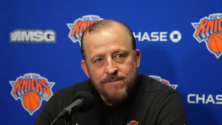 New York Knicks coach Tom Thibodeau at a press conference at the Crypto.com Arena. Mandatory Credit: Kirby Lee-Imagn Images New York Knicks coach Tom Thibodeau at a press conference at the Crypto.com Arena. Mandatory Credit: Kirby Lee-Imagn Images