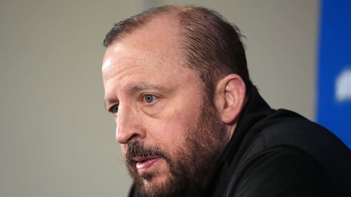 New York Knicks coach Tom Thibodeau at a press conference at the Intuit Dome. Mandatory Credit: Kirby Lee-Imagn Images