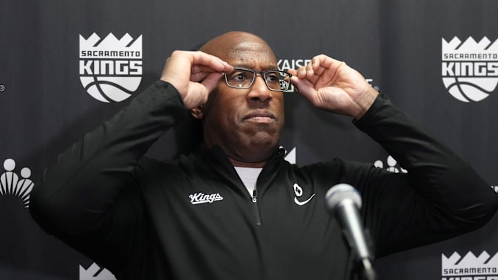 Feb 25, 2024; Los Angeles, California, USA; Sacramento Kings coach Mike Brown at a press conference during the game against the LA Clippers at Crypto.com Arena. Mandatory Credit: Kirby Lee-Imagn Images