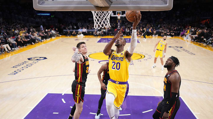 Mar 18, 2024; Los Angeles, California, USA; Los Angeles Lakers forward Harry Giles III (20) shoots the ball against the Atlanta Hawks in the second half at Crypto.com Arena. Mandatory Credit: Kirby Lee-Imagn Images
