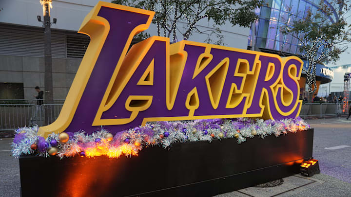 Dec 18, 2023; Los Angeles, California, USA; The Los Angeles Lakers logo outside of Crypto.com Arena. Mandatory Credit: Kirby Lee-Imagn Images