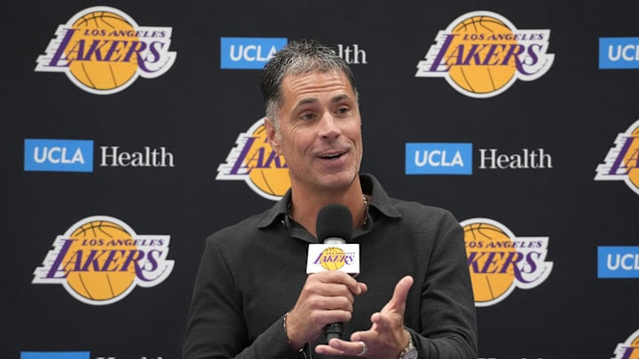 Sep 25, 2024; El Segundo, CA, USA; Los Angeles Lakers general manager Rob Pelinka at press conference at UCLA Health Training Center. Mandatory Credit: Kirby Lee-Imagn Images