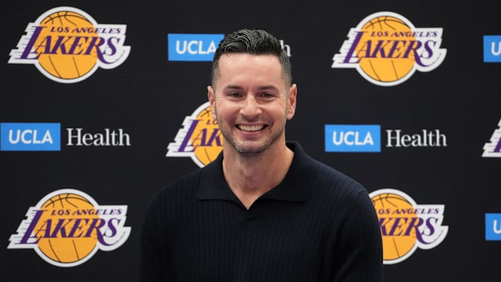 Sep 25, 2024; El Segundo, CA, USA; Los Angeles Lakers coach JJ Redick at press conference at UCLA Health Training Center. Mandatory Credit: Kirby Lee-Imagn Images