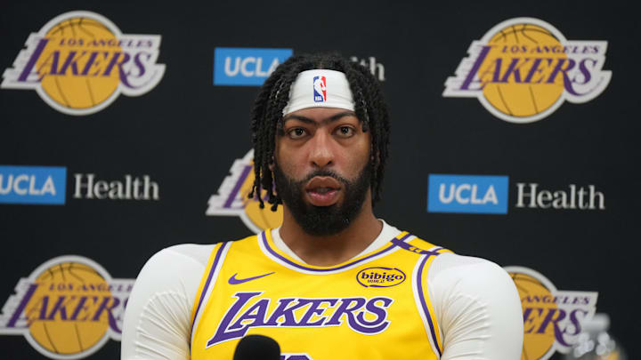 Sep 30, 2024; El Segundo, CA, USA; Los Angeles Lakers forward Anthony Davis (3) during media day at the UCLA Health Training Center. Mandatory Credit: Kirby Lee-Imagn Images Sep 30, 2024; El Segundo, CA, USA; Los Angeles Lakers forward Anthony Davis (3) during media day at the UCLA Health Training Center. Mandatory Credit: Kirby Lee-Imagn Images